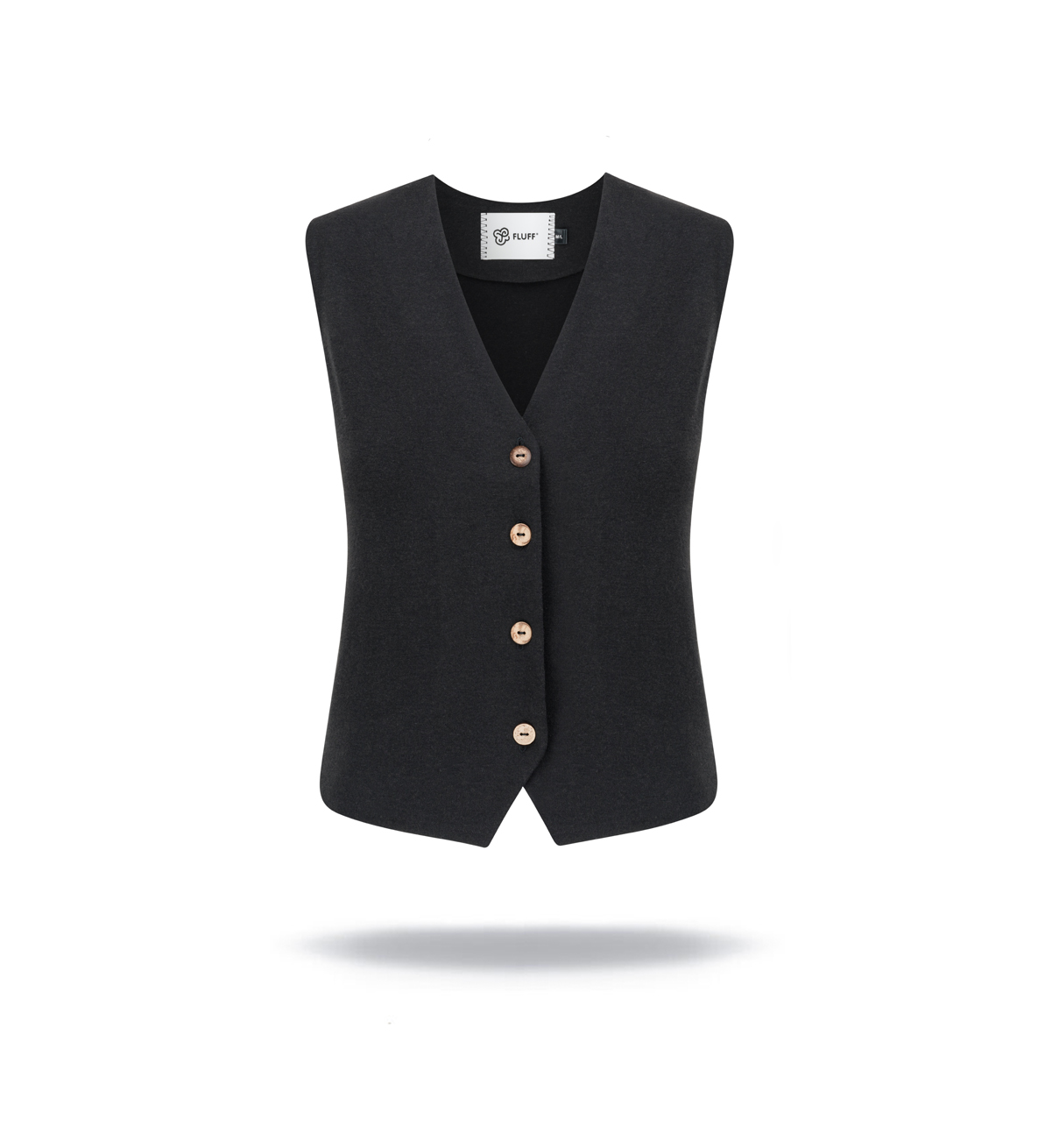 Bamboo sleeveless vest with v-neck and wooden buttons. Fitted cut, black colour.