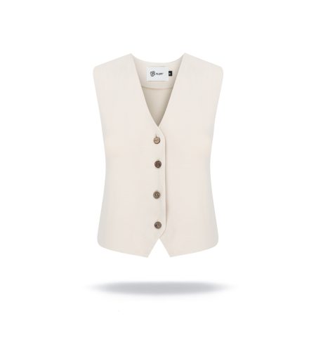 Bamboo sleeveless vest with v-neck and wooden buttons. Fitted cut, sand beige colour.