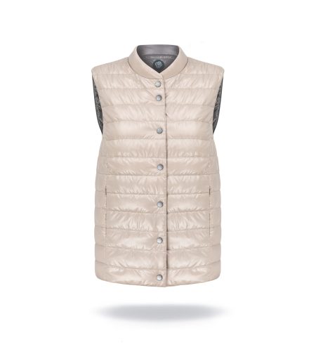 Reversible, two-sided vest with grey and ivory colours. Stud fastening, two front pocekts with zippers