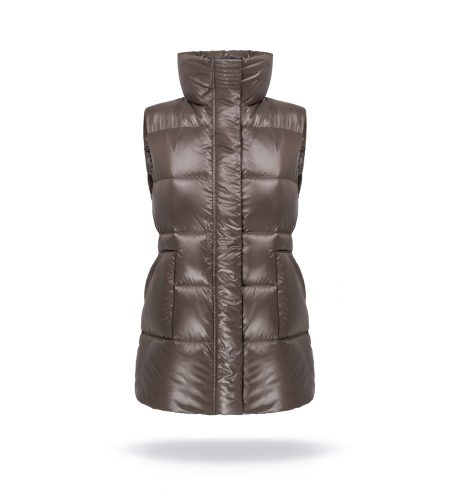 Marron brown Vest with high collar and front pockets. Zipper and stud fastening. Vest with an elastic waistband on the back and natural goose down filling.