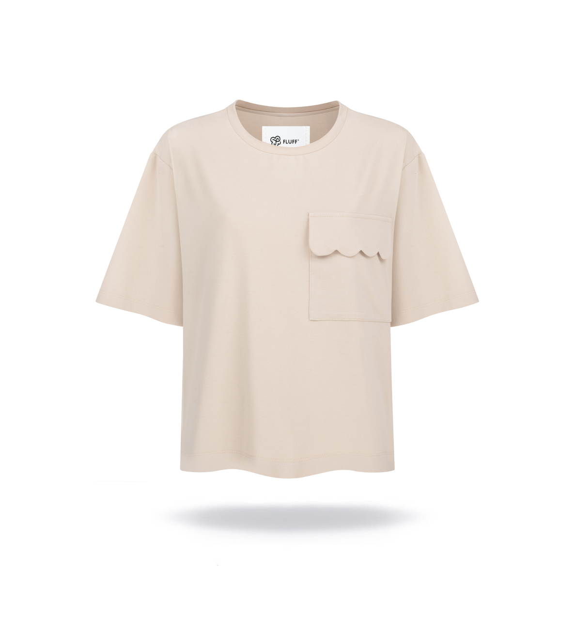 Bamboo t-shirt with round neck, sand beige colour. Loose fit, front pocket with ruffles.