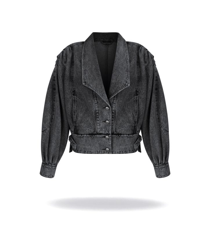 Kurtka denim jacket z kieszeniami z przodu i szerokimi ramionami. Pas w talii, przednie guziki.
