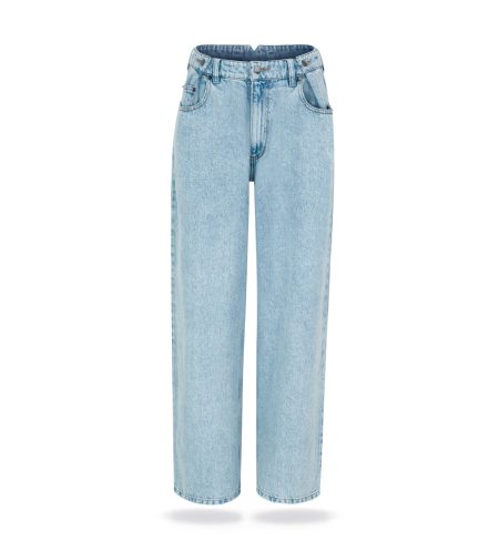 Denim trousers mid-rise with loose leg; front and back pockets, light washed denim.