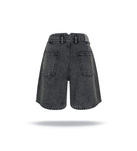 Denim shorts mid-rise with loose leg; front and back pockets, blacked washed denim.