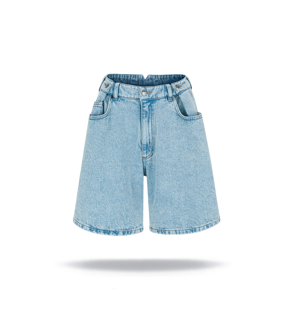Denim shorts mid-rise with loose leg; front and back pockets, light washed denim.