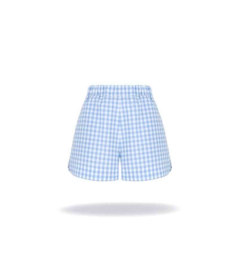 Cotton shorts, blue vichy chceck, elastic band at the waist, loose fit and back pocket.