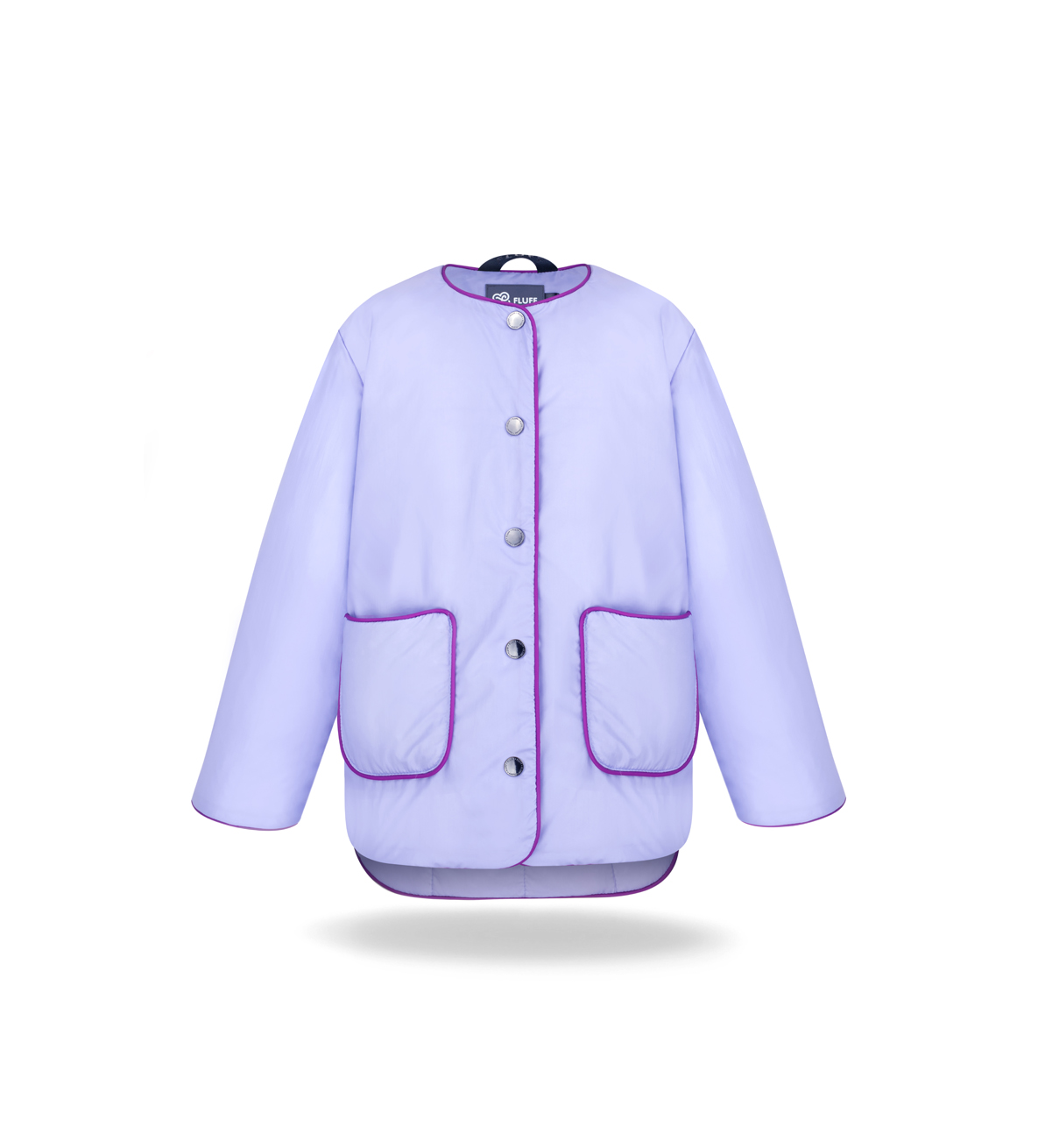 Light kids down jacket, overshirt cut, lilac, stud fastening, with pockets