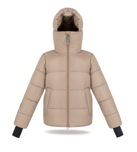 Kids unisex down jacket with high collar and elastic cuffs with thumbholes, beige colour
