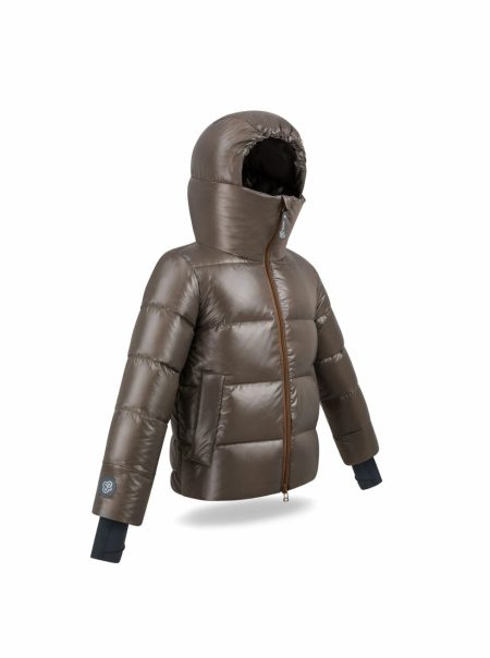 Kids unisex down jacket with high collar and elastic cuffs with thumbholes, brown colour