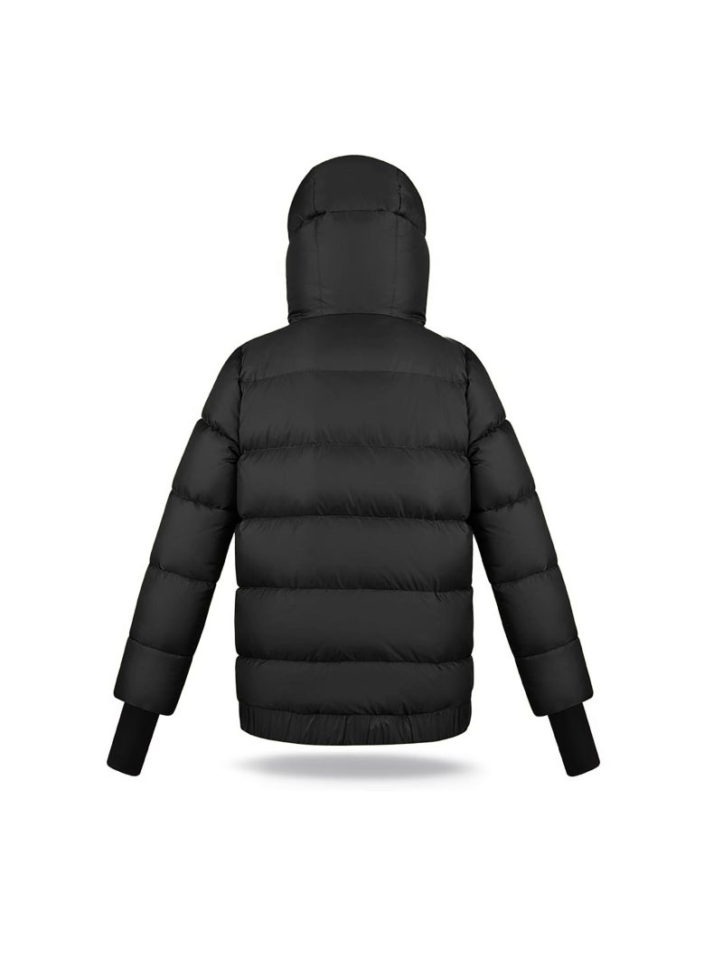 Kids unisex down jacket with high collar and elastic cuffs with thumbholes, black colour