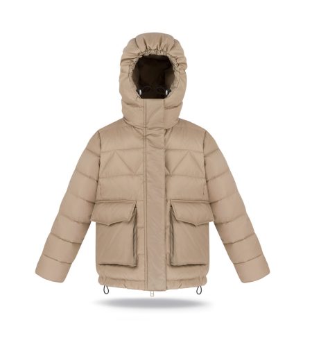 Kids unisex down jacket "Mountain", 2in1 with detachable sleeves, latte, with hood and zipper