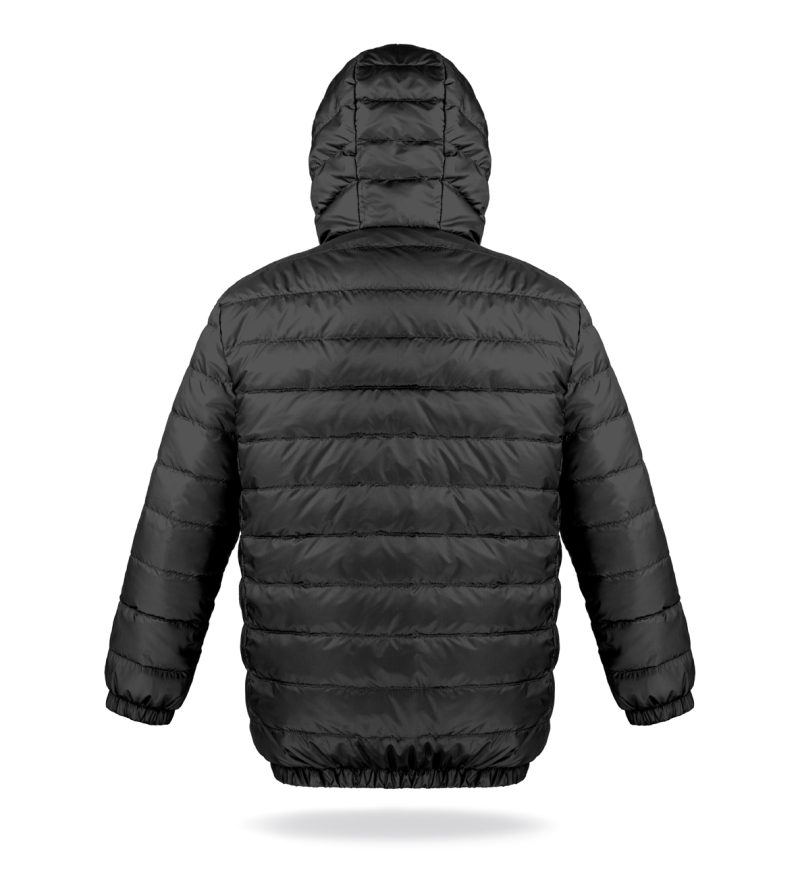 Light down jacket for kids, with hood and zipper, two pockets, black, back photo