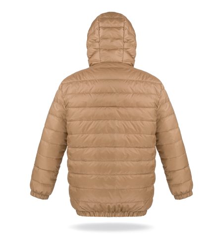 Light down jacket for kids, with hood and zipper, two pockets, caramel, back photo