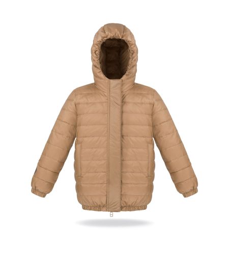 Light down jacket for kids, with hood and zipper, two pockets, caramel