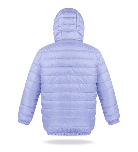Light down jacket for kids, with hood and zipper, two pockets, lilac, back photo