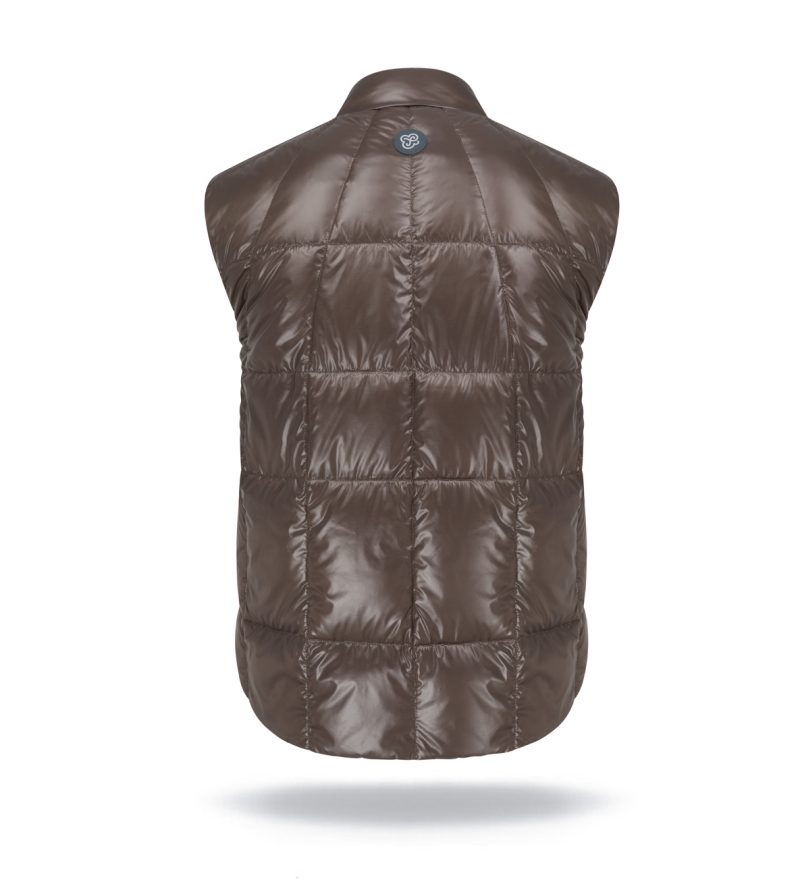 Man light vest with natural down filling. Zipper and front pockets. Compact vest.