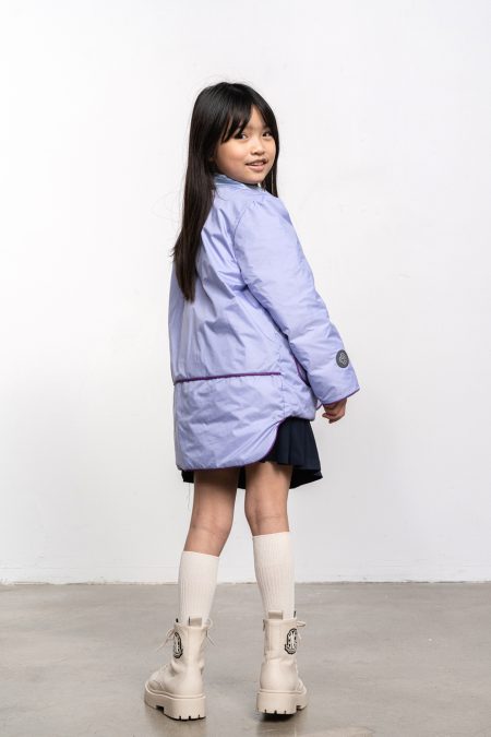 Light kids down jacket, overshirt cut, stud fastening, with pockets, lilac