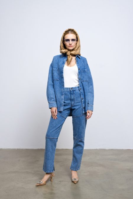 Denim shirt from spring 2023 collection. Log sleeved shirt made with cotton soft denim. Buttons and front pocket.