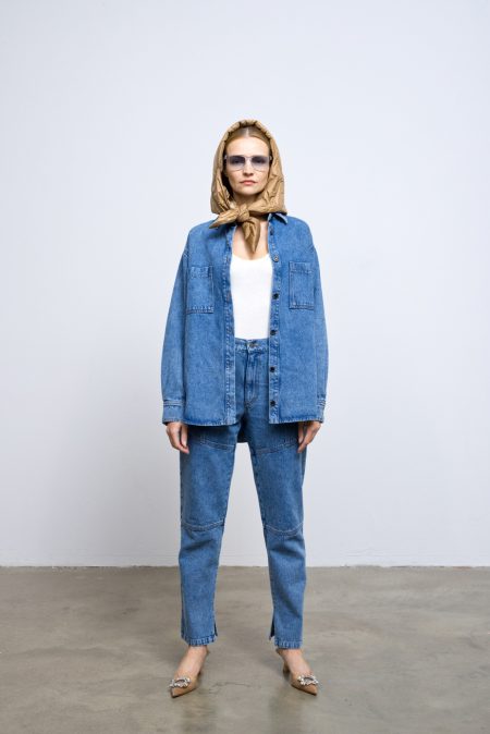 Denim shirt from spring 2023 collection. Log sleeved shirt made with cotton soft denim. Buttons and front pocket.