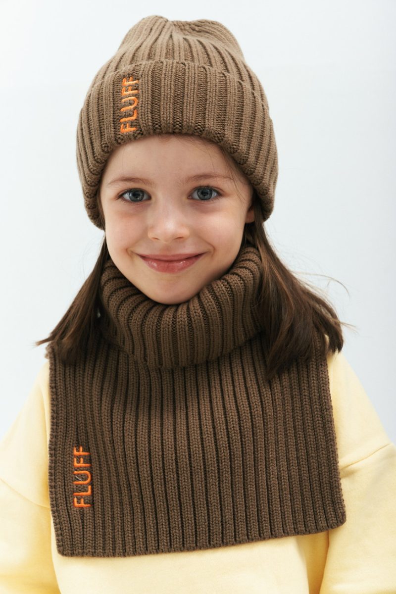 Merino wool beanie and snood with embroidered logo. Warm, soft wool winter accessories.