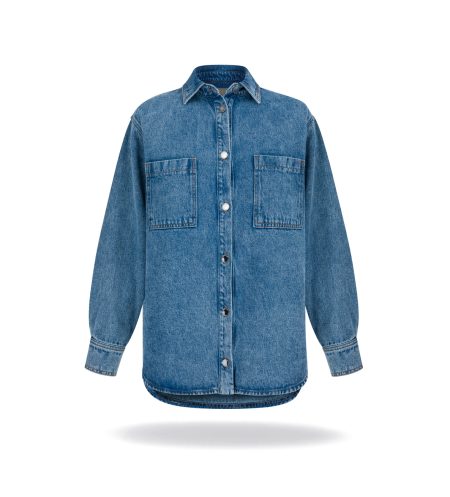 Denim shirt from spring 2023 collection. Log sleeved shirt made with cotton soft denim. Buttons and front pockets.