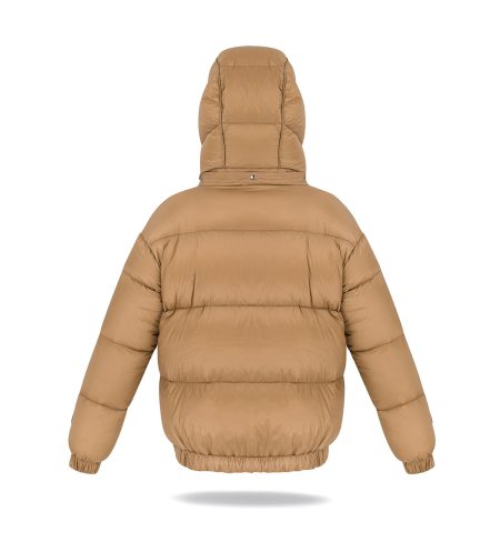 Bomber jacket with big hood, elastic band on the bottom, zipper and two pockets. Horizontal quilting, natural down insulation.