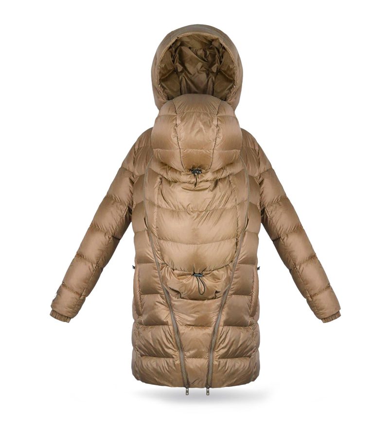 Płaszcz damski puchowy z odpinanymi panelami: ciążowym oraz do noszenia dziecka. Pikowany, wypełniony puchem gęsim. Długość do uda.