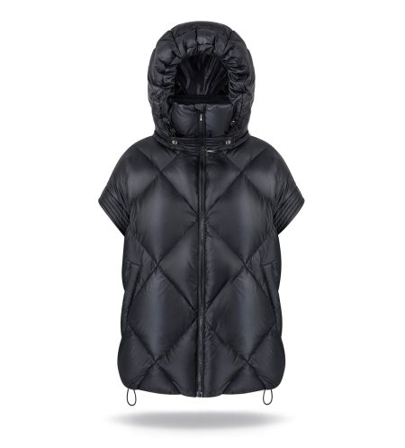Diamond quilted jacekt with natural down insulation. Removable hood and sleeves. Two pockets and zipper.