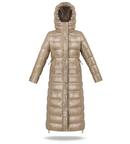 Długi, otulający płaszcz puchowy na zimę. Naturalny puch gęsi. Płaszcz posiada kaptur i regulację w talii.