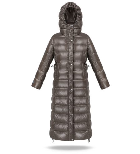 Long coat for winter, natural down insulation. A-line cut. Adjustable waist.