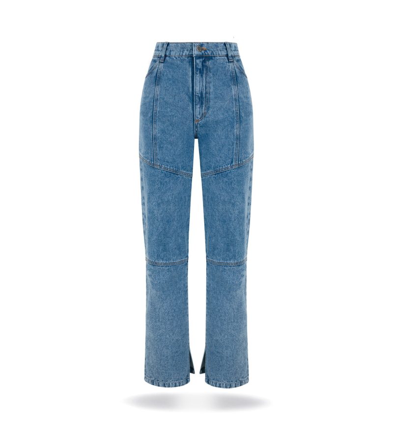 Spodnie jeansowe z kolekcji wiosennej, posiadają poziome przeszycia na nogawkach co dodaje im wyjątkowego looku. Prosta nogawka i wysoki stan