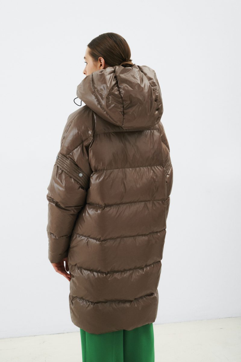 2in1 down winter coat with detachable sleeves and hood, brown colour
