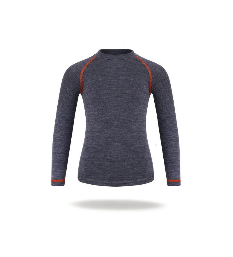Merino wool longlseeve for kids, graphite and orange colour, soft merino and lyocell mix for better endurance.