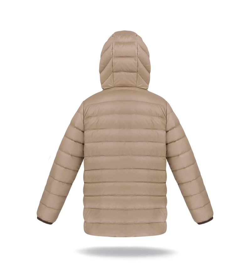 Kid's unisex winter down jacket beige, with hood, back photo, basic version