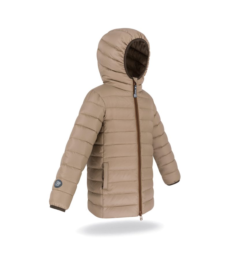 Kid's unisex winter down jacket beige, with hood, side photo, basic version