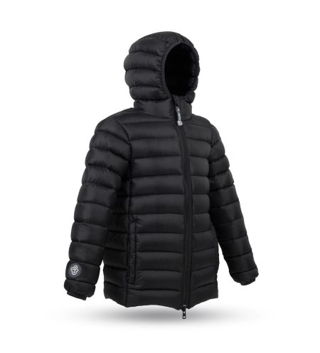 Kid's unisex winter down jacket Black Coffee with hood, side photo, basic version