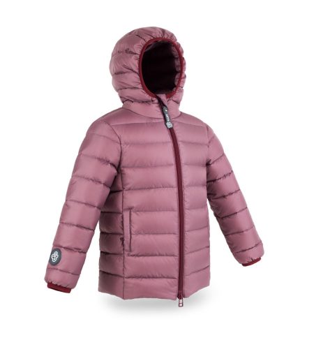 Kid's unisex winter down jacket Plum with Milk with hood, side photo, basic version