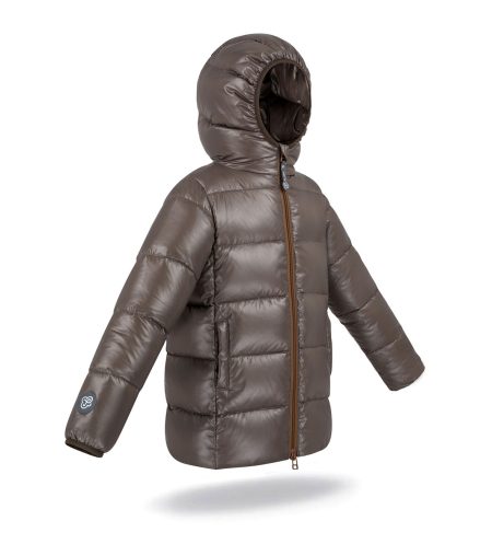 Kid's unisex winter down jacket brown colour, with hood, wide quilting
