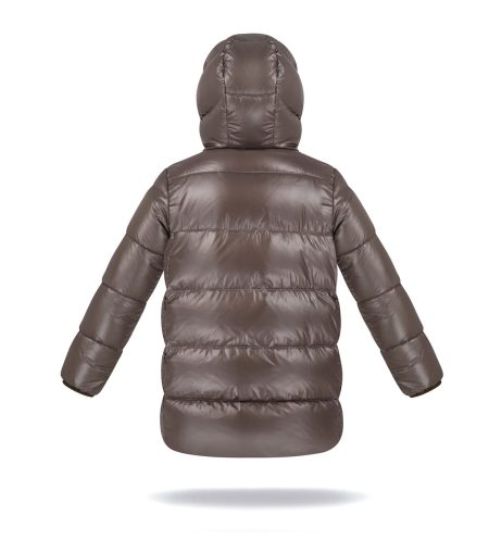 Kid's unisex winter down jacket brown colour, with hood, wide quilting