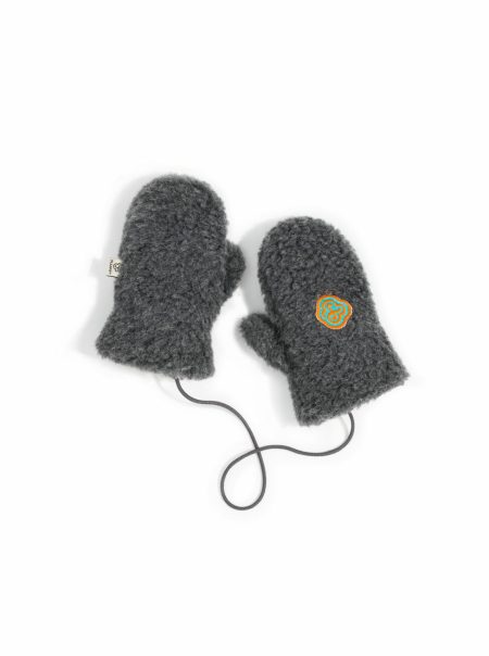 Natural wool soft mittens for kids, attached with a long string and embroidered logo on the right side.