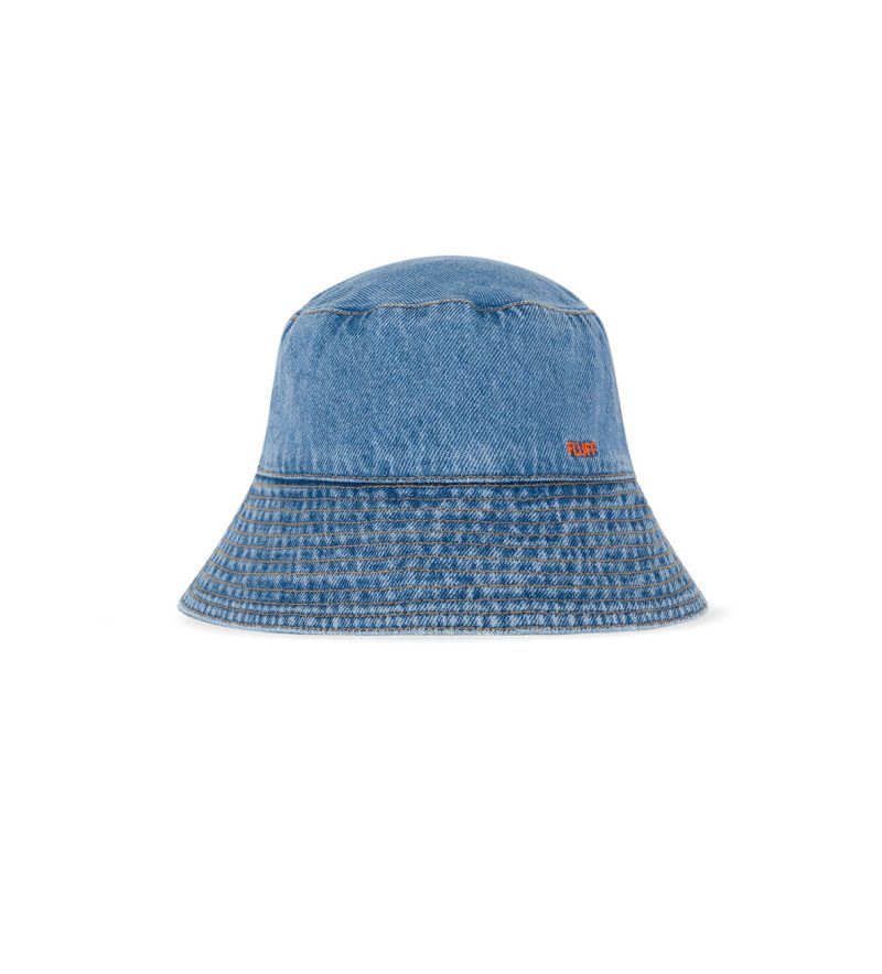 Unisex denim bucket hat for kids and adults. Blue denim, small embroidered logo on the side.