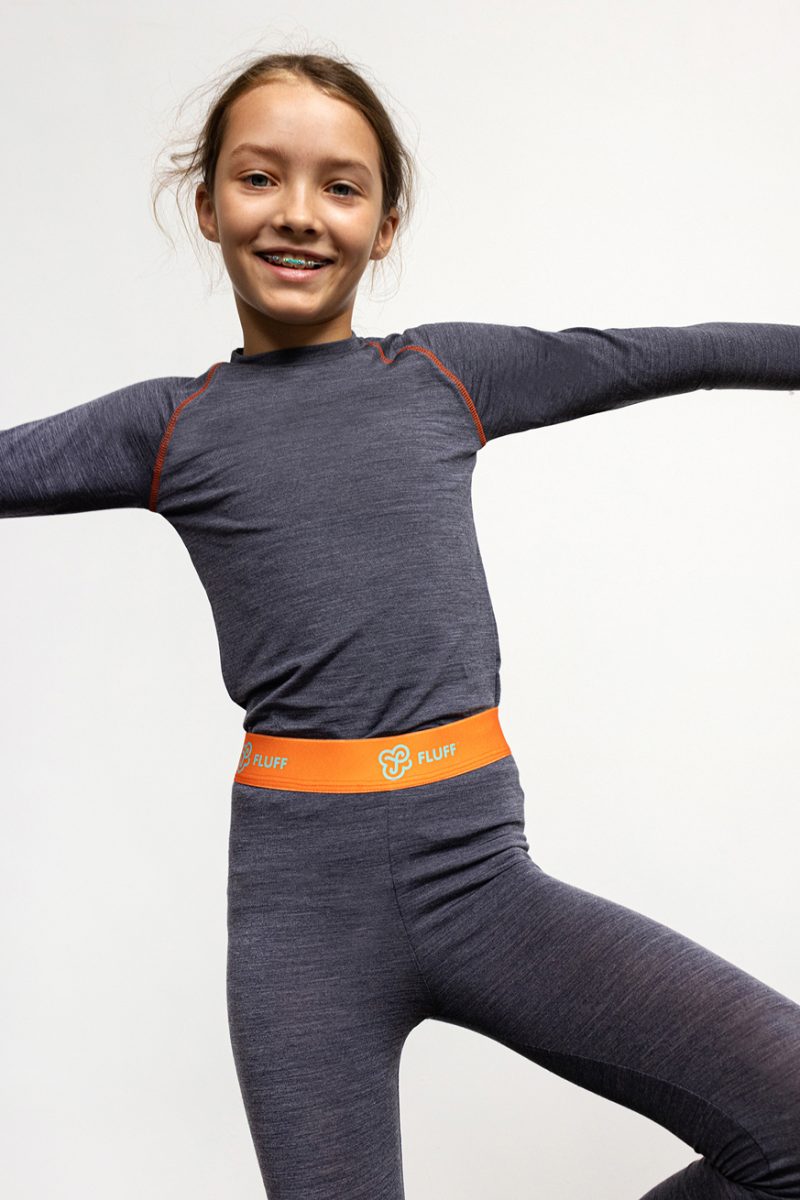 Merino wool underwear for kids, graphite and orange colour, soft merino and lyocell mix for better endurance.