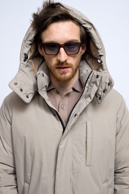 Men winter parka with natural down insulation, with zipper and hood, beige colour