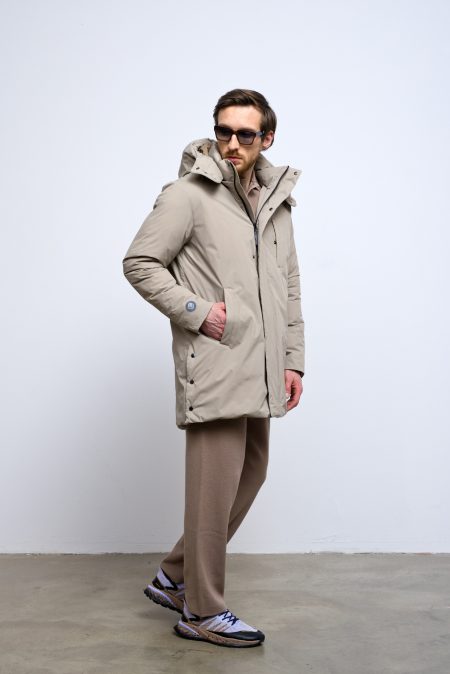 Men winter parka with natural down insulation, with zipper and hood, beige colour