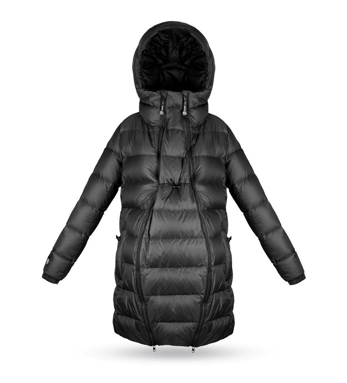 Winter maternity coat with detachable panel for pregnancy and to cover baby carrier. With hood. Natural goose down.