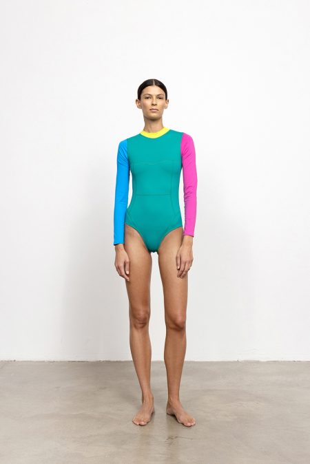 Colorful sun-protection swimsuit for women with zipper on the back. Easy access with a string, Long sleeves. Very comfortable elastic material.