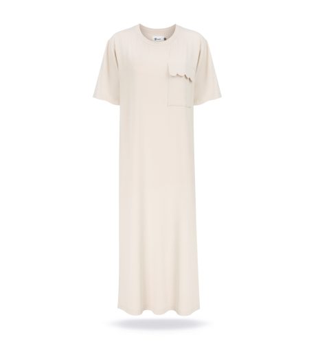 Sukienka z tkaniny bambusowej z kieszonką z przodu, aplikacja w kształcie fali, miękka tkanina bambusowa. Kolor beżowy Sand