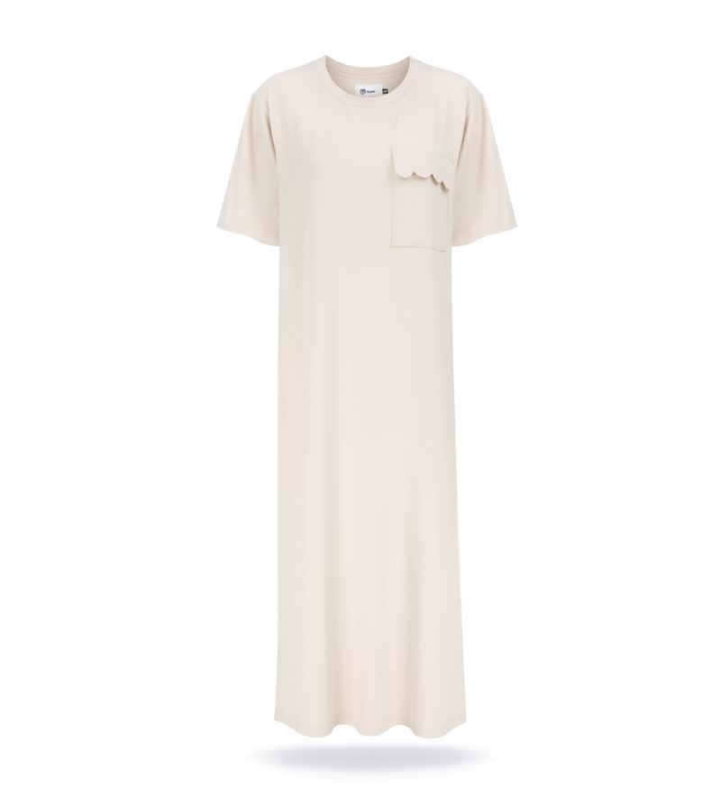 Bamboo dress with round neck, sand beige colour. Loose fit, front pocket with ruffles.