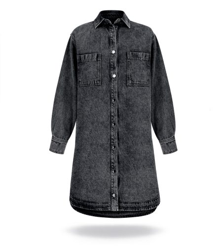 Washed black denim dress with pockets on the front and side pockets inseam. Buttons fastening and long sleeves.