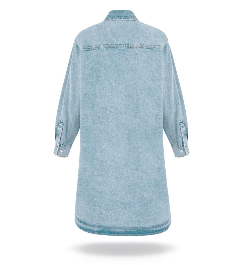 Light washed denim dress with pockets on the front and side pockets inseam. Buttons fastening and long sleeves.